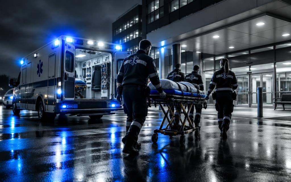 Equipo sanitario con ambulancia junto a un hospital